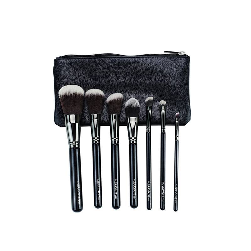 7pcs Black Handle High Quality Contour Blush Foundation Brush Portable Profession Makeup Brush Set With Pu Bag Makeup Tools